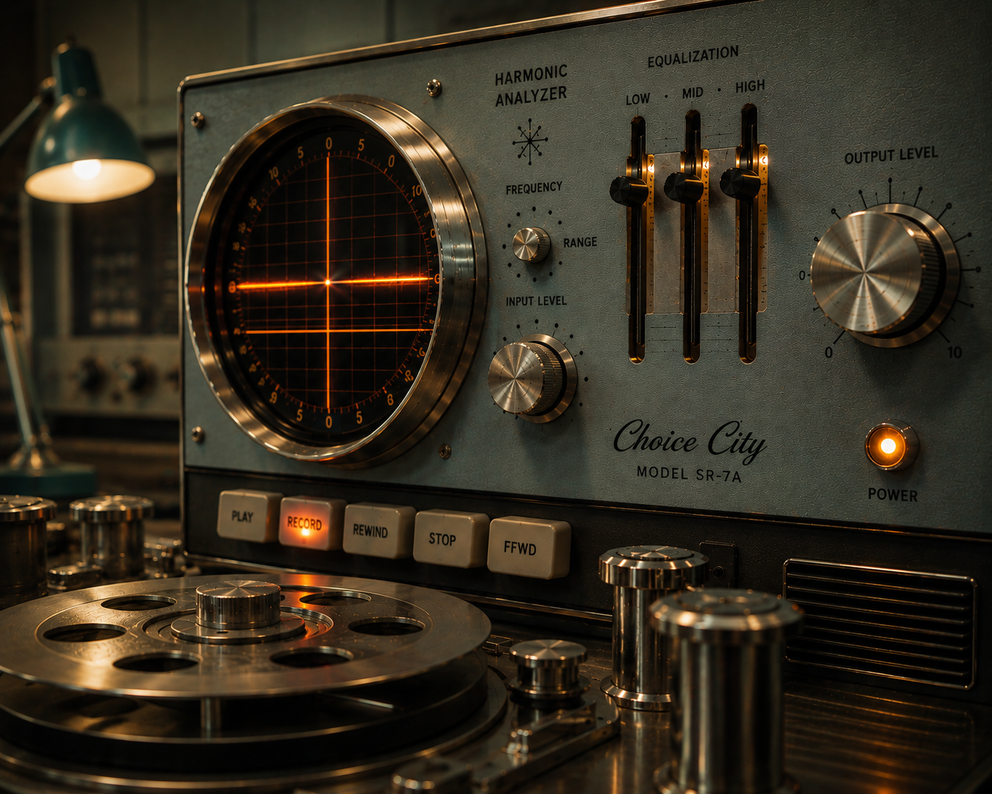 Choice City Music Model SR-7A — harmonic analyzer with reel-to-reel transport, photographed on the bench.