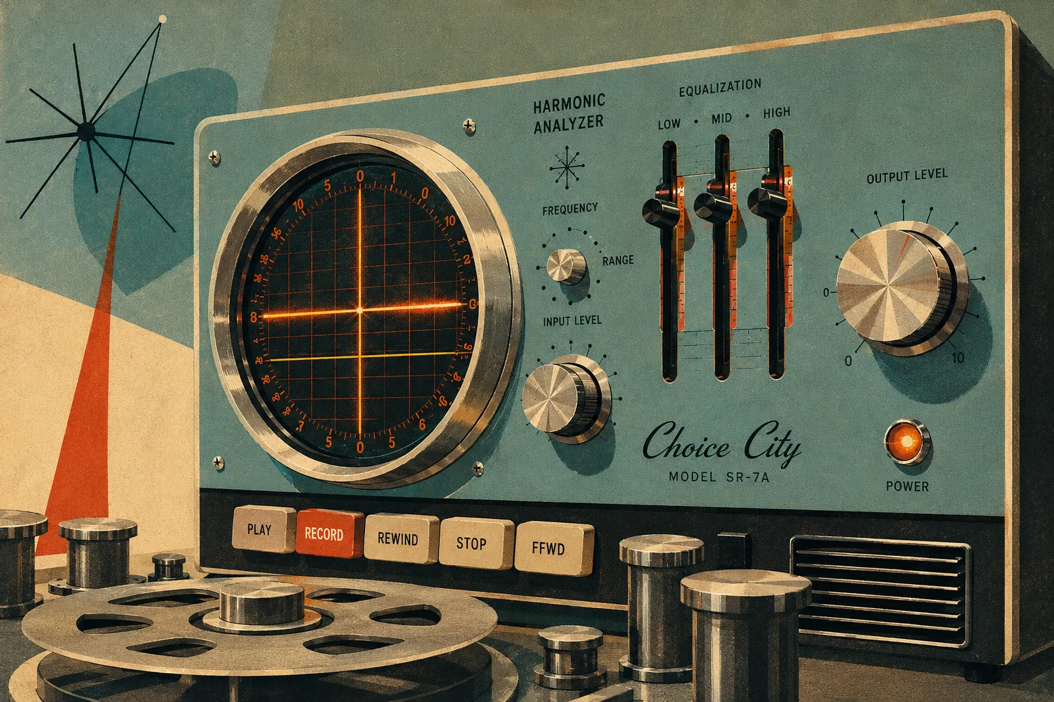 Illustration of the Choice City Music Model SR-7A. A mid-century console with a harmonic-analyzer oscilloscope dial, three-band EQ sliders, output level knob, transport buttons with RECORD lit, and a reel-to-reel in the foreground.